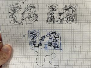 A thumbnail sketch of a comics page layout with design, reading flow paths, and other notes