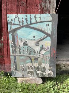 photo of a painting depicting human figures all in grey marching in line along these infinite highway structures. Colorful images like graffiti on some of the structures of people in lively motion