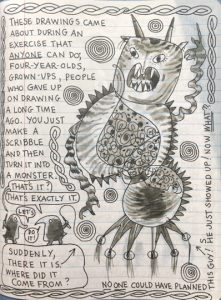 a page of scribbly monsters with words about them