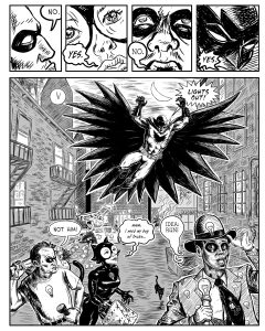 Black and white comics pages from a made up comic featuring Blackout, and his fight against the Bad Ideas Gang!