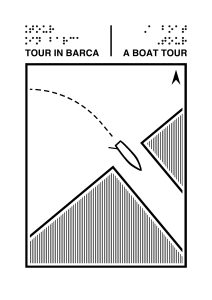 Page 2: Text title reads, “A boat tour.” A boat on the water, dotted lines showing the path it’s come from as it navigates into a canal between two walls.