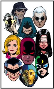 All of the blind superheroes described below on the poster, with cutouts of their heads, closely laid out in a collage within a rectangle, referencing the common practice of putting the cast of characters in a “corner box” on comics in the 70s and 80s.