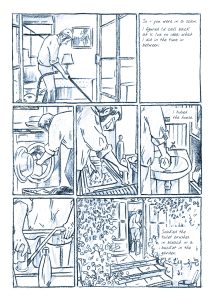 Description: A blue and white comic, sketchily drawn in a neatly arranged grid of seven panels. A man does chores in his house: vacuuming, laundry, dishes. Internal thoughts read, “So, you were in a scan. I figured I’d call back at 11. I’ve no idea what I did in the time between. … I tidied the house. … Soaked the toilet brushes in bleach in a bucket in the garden.”