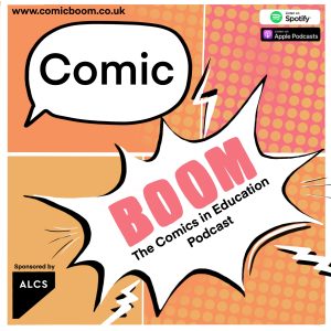 a square logo for the Comic Boom podcast with word balloon and sound effect balloon for the words on an orange background