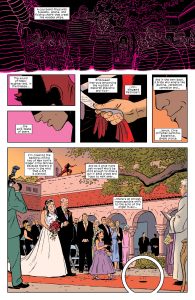Description: A Daredevil comic. At a wedding, Daredevil scans the crowd seated for the wedding, the opening panel is borderless and shows the way he experiences vision through his radar supersense, outlines and crosscuts of people without details. Caption reads, “The courtyard filled with tuxedos, gowns, and folding chairs that creek like wooden ships.” The next two panels show Daredevil's head looking down on the crowd but a panel gap breaks up the picture and obscures where his eyes would be, captions in each read, “The sound of happy laughter and, in the breeze…” “the salt-taste of tears.” The next panel is a close shot of his ungloved hand grasping the paper wedding invitation, caption reads, “Embossed linen-pulp announcing the nuptials of Deborah Giacomo and Vict… no…Vincent Petrocelli.” Next panel, a close shot of Daredevil’s masked face, the caption blocking his covered eyes and a thin smile showing, caption reads, “And in the very back, a bride who smells like jasmine, cardamom, carnation and …lemon. Clive Christian perfume. Expensive. Great Choice.” Now, a half-page spread shows the full scene, the bride walks down the aisle linked with her father’s arm, guests joyously take her in, and on the church rooftop above is Daredevil crouching in his red bodysuit, surveying the scene. Captions read, “I’m crashing the wedding uniting two of New York’s bigger crime families because there’s a rumor in the wind that a hit is planned. dAnd as I once more ask myself who’d be idiot enough to draw a gun in this crowd and hope to walk away…there’s an almost imperceptible shift to the echo of the organ music…” There’s a small circular panel inset in the bottom of this larger panel, drawing the reader’s focus to an ominous black spot appearing on the red path that the wedding party is walking towards.