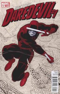 Description:  A mosaic of Daredevil images. Daredevil is a man with light skin, sunglasses, and red hair. In his costume, he wears all red and has a cowl over his head with blacked out eyes and small devil horns. One image shows the way he experiences sight through his superpower senses, outlines of people in stripes of red.