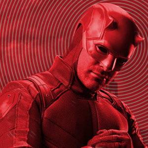 Description:  A mosaic of Daredevil images. Daredevil is a man with light skin, sunglasses, and red hair. In his costume, he wears all red and has a cowl over his head with blacked out eyes and small devil horns. One image shows the way he experiences sight through his superpower senses, outlines of people in stripes of red.