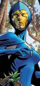 Description: A close shot of Destiny in the woods, with a shiny, gold full-face mask wearing an all-blue skin-tight superhero suit that reveals her full-busted figure.