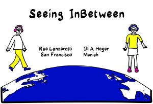 Image Description 1: The title at the top of the comic panel reads: Seeing Inbetween. Two people are hovering over the arc of the blue earth, with Europe and the USA in focus. Their names and cities are written next to them. The comic has black line artline-art with pink, yellow, and blue coloring and gray tones. On the left, Rae Lanzerotti, from San Francisco, wears an eyepatch, pink headphones, a white shirt, yellow pants and blue shoes. On the right, Illi A. Heger, from Munich, wears glasses, blue headphones, a yellow shirt, white skirt and pink boots and looks over at Rae.