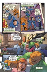 Description: Panel one: The Fantastic Four stand on the street after fighting Dr. Doom. Mr. Fantastic uses his stretch powers to wrap around Dr. Doom. Sue Storm says, “I’ve turned his retinas invisible, darling, so Doom can’t see us attack!” The Thing, Ben, says, “And I’ll clobber him if he even tries!” Human Torch says, “Not if I flame him first!” Over the panel there is a narration: “There’s this rinky-dink outfit in NYC that publishes coming inspired by the FF’s adventures. Those ones are my favorites.” Panel two: Over this panel in what is now clearly a comic being read within the comic, the narrative caption reads: “Ben reads me my comics—he understands what I like to know about, and I can always ask him for more detail whenever I want.” Mr. Fantastic has Doom dangling by a lamppost next to a police station. Doom yells, “I have diplomatic immunity, you fools!!!” Mr Fantastic responds, “You can scream about it all you want, Doom.. on your pogo-plane flight back to Latveria!” The Thing, Sue, and Torch stand on the sidewalk below them talking to a cop. Panel three: Caption: “Or at least, he used to read me my comics.” In a NYC loft, Alicia Masters and The Thing, Ben, are on a couch. Alicia leans against Ben while he holds a comic book in his lap. He says, “And Doom’s all tangled up in reed, and he’s yelling, ‘I have diplomatic immunity, you fools!” Alicia laughs. Panel four: A close up of them. Ben says, “Those Marvel bozos always give Stretcho the best zingers, but really, it’s me with that pogo line.” Alicia says, “Uh-huh.” Caption says: These days, he’s not reading me anything.