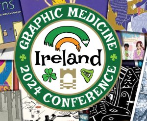 logo for graphic medicine conference - green circle with writing on it, and Irish imagery on the interior