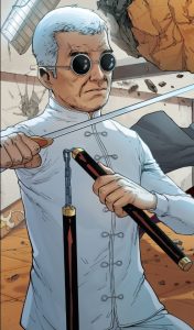 Description: An old man with light skin, short grey hair, and dark circle sunglasses stands holding nunchucks and a sword and wears a white jacket with a Chinese-style of cloth-button closures.
