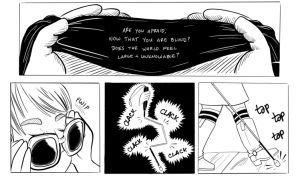 Description: A short comic strip about students being blindfolded as an “empathy exercise” that causes more harm than good. Pictures of the helpless students pitying the poor blind people in contrast to a panel of Sabine confidently navigating with her white cane. To hear the full comic with the artist’s description, see the YouTube video here.