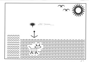 Page 1: A raised line drawing of a cat hovering above water, with an arrow pointing down. Text in braille says, “Splash!”