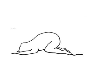 Black and white raised drawings with a simple line-art style. In this final image, the artist’s body is on their knees in a yoga pose, leaning forward with their head on the ground. For the artist’s complete descriptions, visit the link.