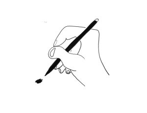Description: Black and white raised drawings with a simple line-art style. In this one the hand holds a pen and draws a little.