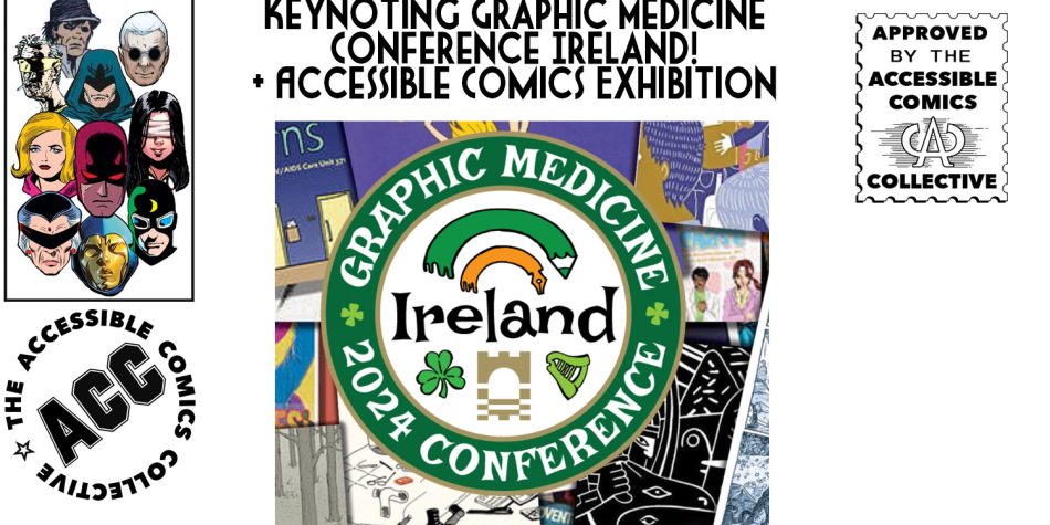 SWC cover GM Ireland a collage of images related to graphic medicine conference and blind exhibition
