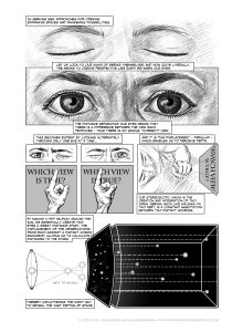 Description: A black and white comic page from Unflattening. We’ll provide you the description of this with a sample from each of the three different description styles. Version one: The professional audio description:
