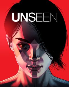 Description: A poster for UNSEEN. A somewhat realistic, geometric illustration of a woman with light skin and big eyes. She has short black hair in a pixie cut. She faces the viewer head-on intently. The illustration is on a solid, saturated red background.