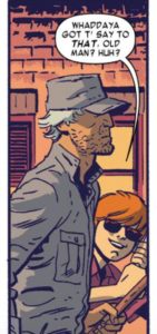 Description: An old man with light skin wears a grey army-like suit and cap, with the cap coming down to cover his eyes. He has grey hair and stubble. A boy (young Matt Murdock – Daredevil) asks him, “Whaddaya got t’ say to that, old man? Huh?”