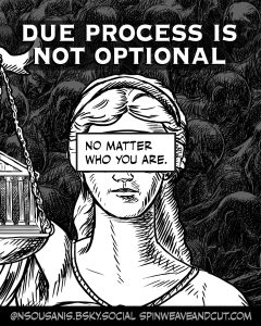 single image closeup on the face of lady justice, in the background, all dark, human figures, faceless prisoners, seated, packed tightly together, bodies merging into a sea of heads, with each figure’s head another’s back. At top in large letters right above her head, text reads "Due process is not optional" A smaller caption box centered on her face where her blindfold would be reads: "No matter who you are." single image closeup on the face of lady justice, in the background, all dark, human figures, faceless prisoners, seated, packed tightly together, bodies merging into a sea of heads, with each figure’s head another’s back. At top in large letters right above her head, text reads "Due process is not optional" A smaller caption box centered on her face where her blindfold would be reads: "No matter who you are."
