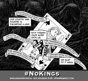 a comics panel with king playing card on it with trump and king George III - longer alt text on the site