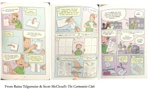 three pages from Scott McCloud and Raina Telgemeier's Cartoonists Club - that talks about how to make a certain type of minicomic