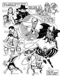 Interior page to comic - a history of superheroes - from their precursors to Superman and the heroes that came from his appearance