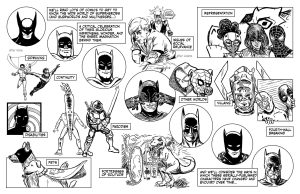 a spread showing all the kinds of things that make up superhero stories across the years - from different interpretations of Batman, to sidekicks, parody heroes, pets, dealing with real life issues, their lairs, and more