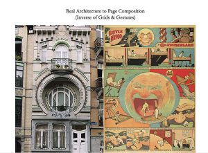 photo of architectural feature alongside comic made using that feature as basis for layout (this was not actually made that way - but it could've been)