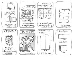 illustrated instructions for folding and cutting a mini-comic