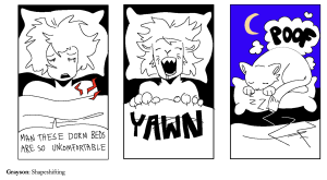 Superpowers in 3 panels - person can't sleep, bed uncomfortable, shape shifts into a cat