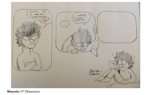 Superpowers in 3 panels - person stuck, steps out of panel - third panel empty person outside of it in 4th dimension