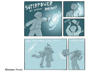 Superpowers in 3 panels - person creates portals to get things and visit family