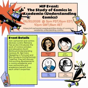 a poster for a talk on the study of comics listing specific details with images of Scott McCloud, Reimena Yee, Neil Cohn, and Nick Sousanis