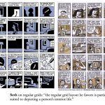 two pages of comics by Seth, both 4by5 grids. Mundane happenings. A caption under both "Seth on regular grids: “the regular grid layout he favors is particularly suited to depicting a person’s interior life.”"