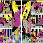 pages from Watchmen - here there's a smoosh, panels 1-2, 4-5, 7-8 are merged on left page, as are 3-6-9 to make a tall panel, reverse is true on facing page, making a symmetrical image which is also echoed in the drawings