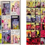 a page from watchmen 9-panels, the x-panels are set in California, the o-panels in NYC. Also, a compilation of several pages from watchmen showing how the palette generally shifted across the pages
