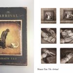 cover to Shaun Tan's the Arrival - with an immigrant and a strange dog-like creature. and then a 9-panel 3by3 gird of hands packing up a photograph