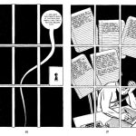 interior pages to city of glass, 9-panel grids and narration - here prison bars make up the page - or are they 9 panels, also the same with a view through a window or is it 9-panels?