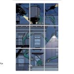 an iron fist 9-panel grid page drawn by David Aja - instead of reading simply LR top to bottom, IF's movement through the panels leads the eye to snake through the single scene