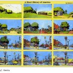 r.crumb's a short history of America, a 3by4 grid, starting with a field and wooded area, next panel is same scene but the railroad has come through, then next roads arrive and buildings, and each successive panel shows more development until we reach modern times (for when it was made)