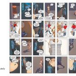 from multiversity Pax Americana drawn by Frank quietly a spread made up of two 4by3 grids. Three layers of storytelling, scattered through the 32 panels
