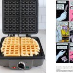 a waffle iron with waffle to demonstrate the idea of a regular grid in comics as made by a waffle iron. and a 9-panel grid from watchmen
