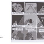 from Marc-Antoine Mathieu's The Museum Vaults about the Louvre. It's a 9panel grid, images of an older bearded man looking through documents, but running through all the panels - is a triangle/pyramid - revealing this super image made up by all the panels
